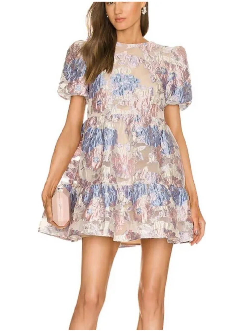 Elliatt x Revolve Moxie Dress Sz Small Blue Pastel Floral Jacquard Puff Sleeve